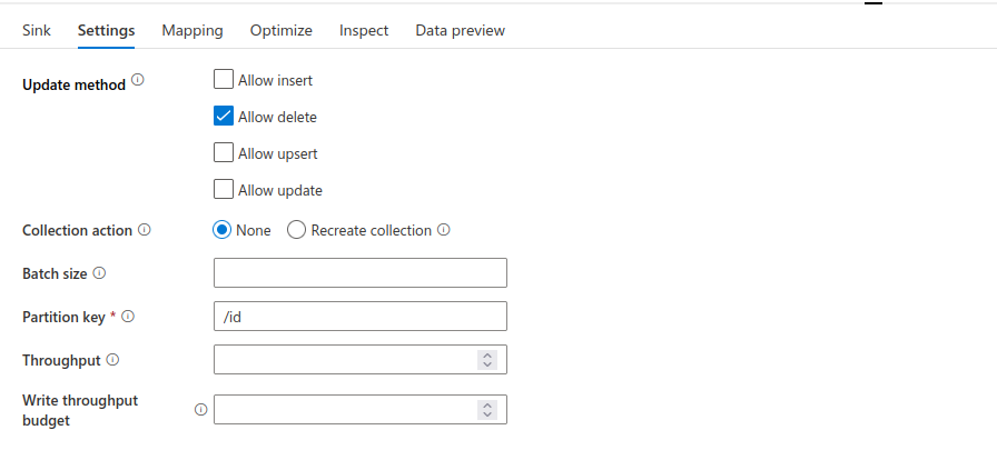 Azure Data Factory DataFlow Sink settings