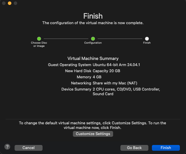 VMware fusion Ubuntu 24.04 installation summary